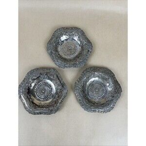 3 VTG Ornate Embossed Metal Trinket Dish 4.5” Floral Scroll Baroque Jewelry Tray